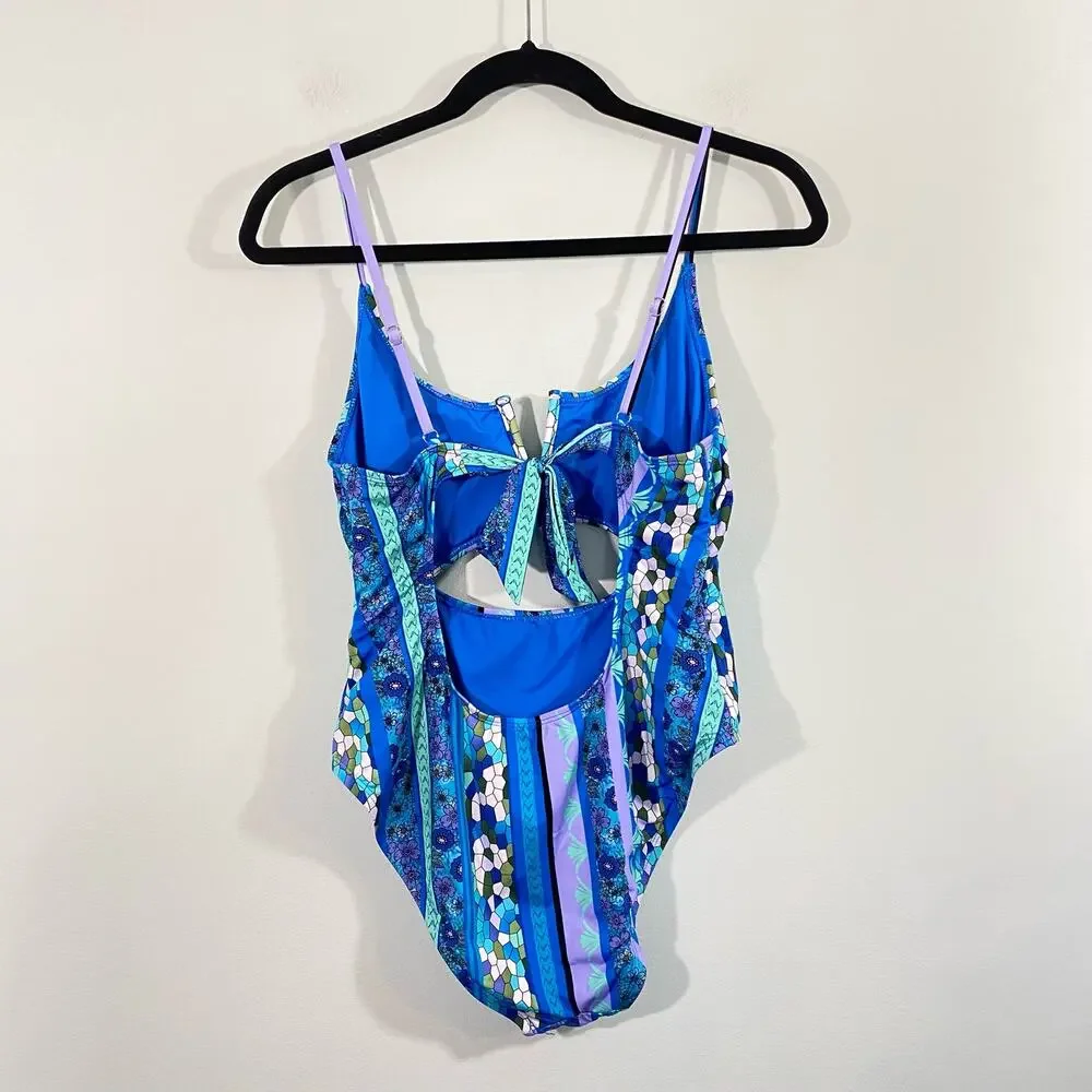 Lucky Brand Women's Blue Floral Graphics V-neck Cutout One Piece Swimsuit Size L